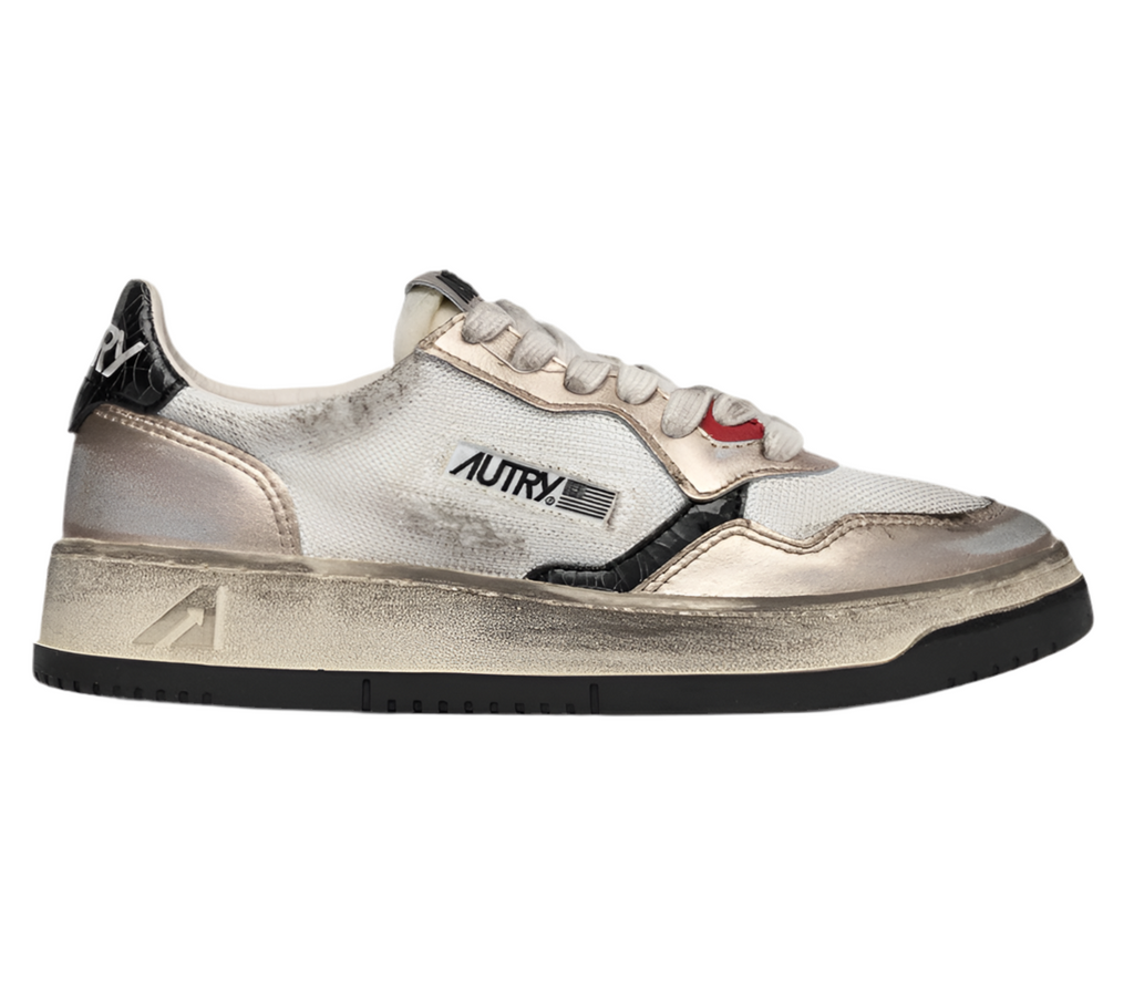 UNISEX SNEAKERS SUPER VINTAGE LOW AUS WEISSEM MESH, GOLDFARBENEM WILDLEDER UND SCHWARZEM LEDER