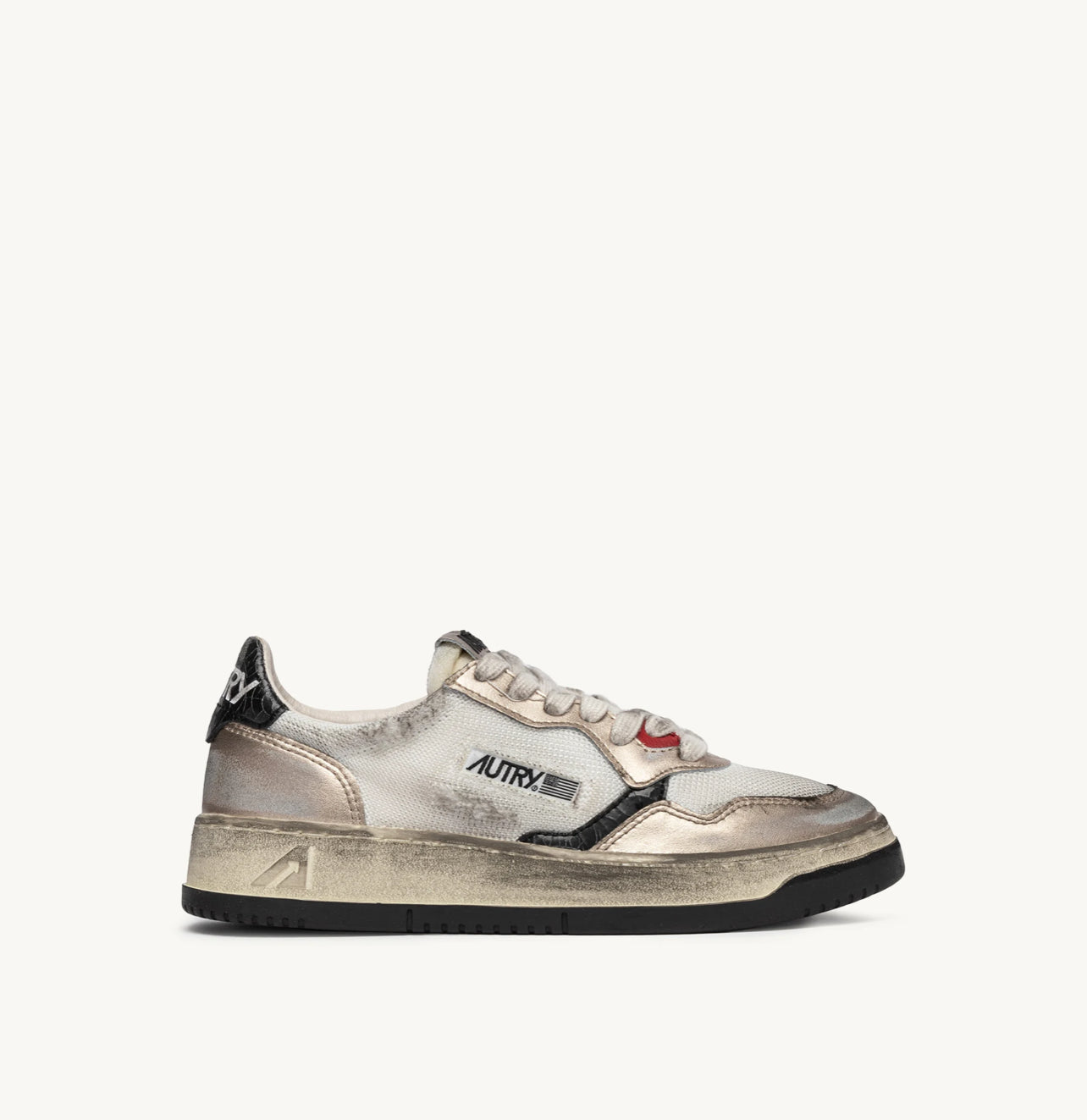UNISEX SNEAKERS SUPER VINTAGE LOW AUS WEISSEM MESH, GOLDFARBENEM WILDLEDER UND SCHWARZEM LEDER